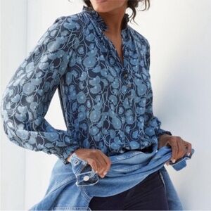 Anthropologie Peasant Blouse Maeve Collette Blue Dandelion Floral Design Med